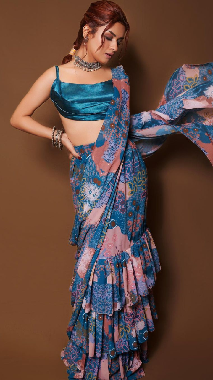 Pin by mallika manyam on Magix Bridal makeovers. | Ruffle saree, Flapper  dress, One shoulder formal dress