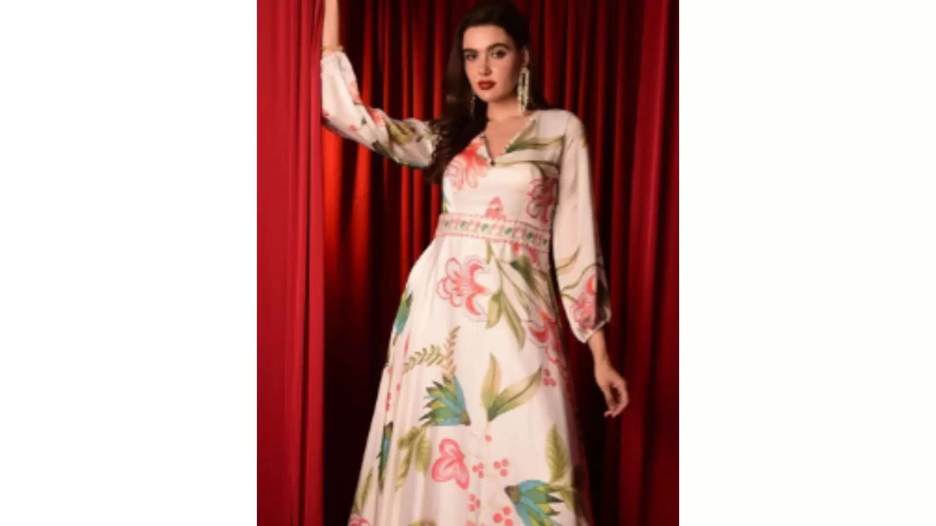 Laalzari Women Floral Print Satin Maxi Dress Bloom in Elegance Like Mrunal Thakur 