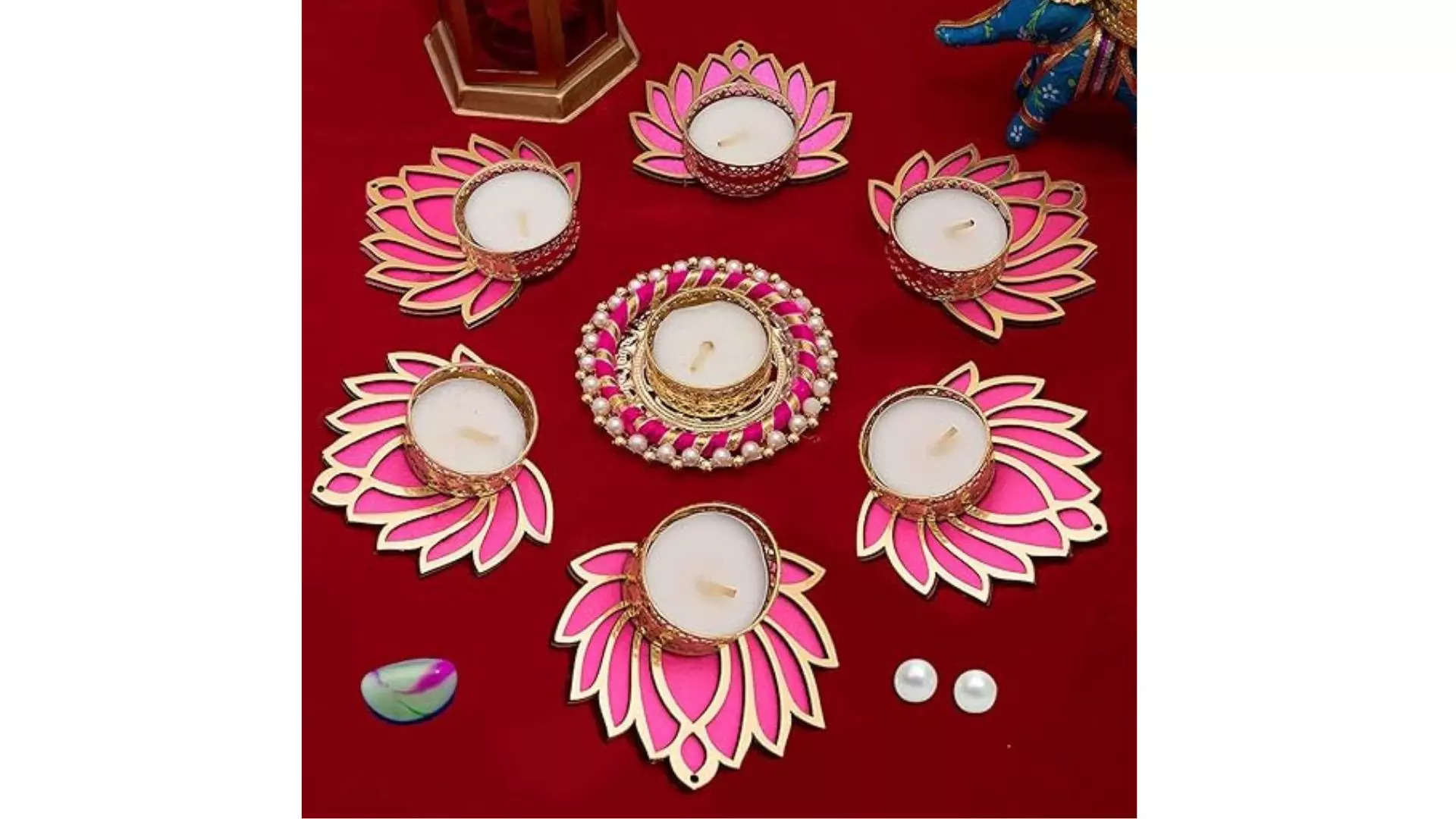 GIFT JAIPUR Handmade 7 Pc Pink Lotus Chudi Diya Rangoli Candles Festive Radiance