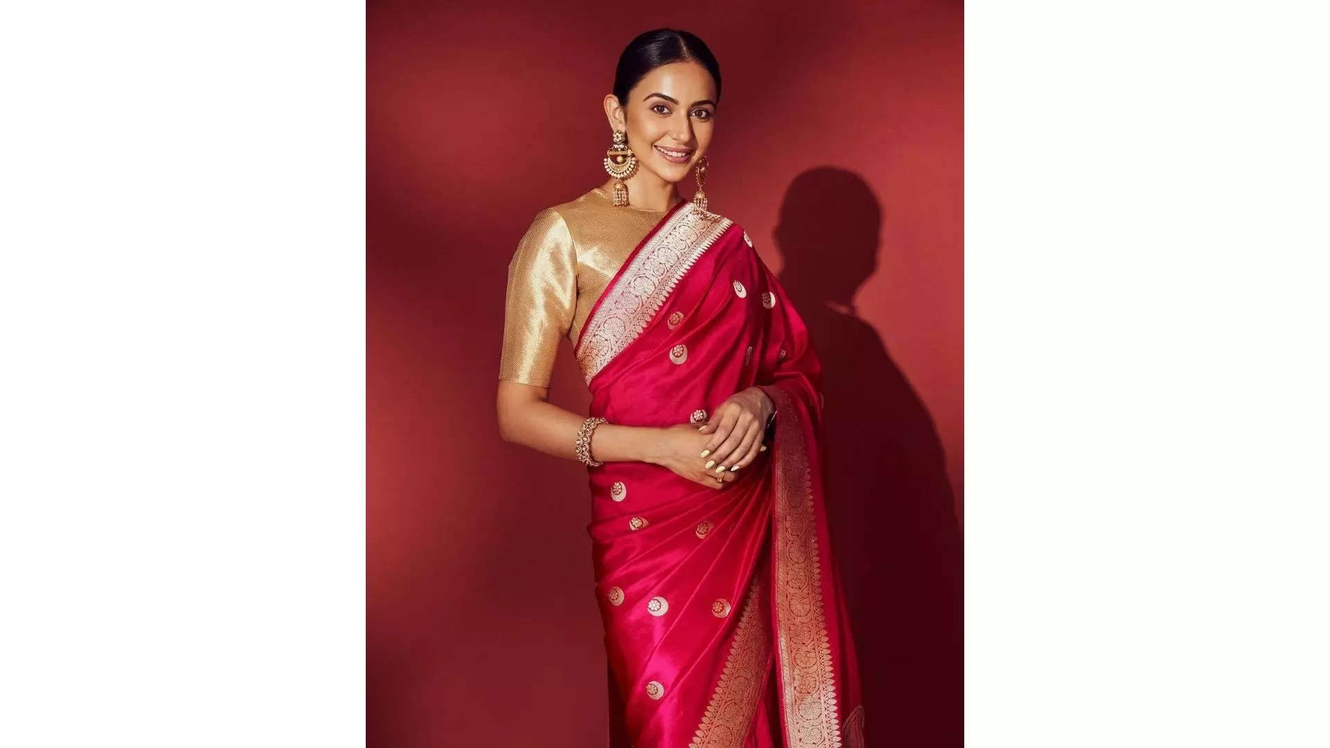 Rakul Preet Singh Captivates in a Luxurious Red and Gold Kanjivaram Saree 