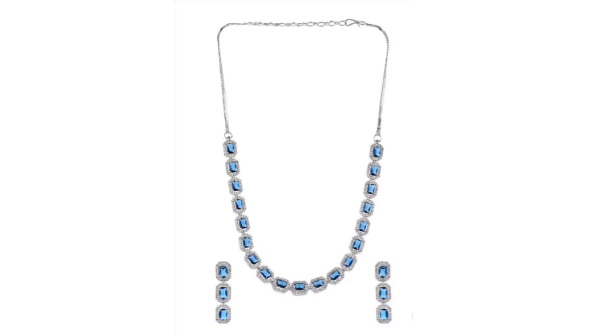 Voylla Womens Blue  White Rhodium-Plated CZ-Studded Necklace and Earrings Set Sparkle in Style 