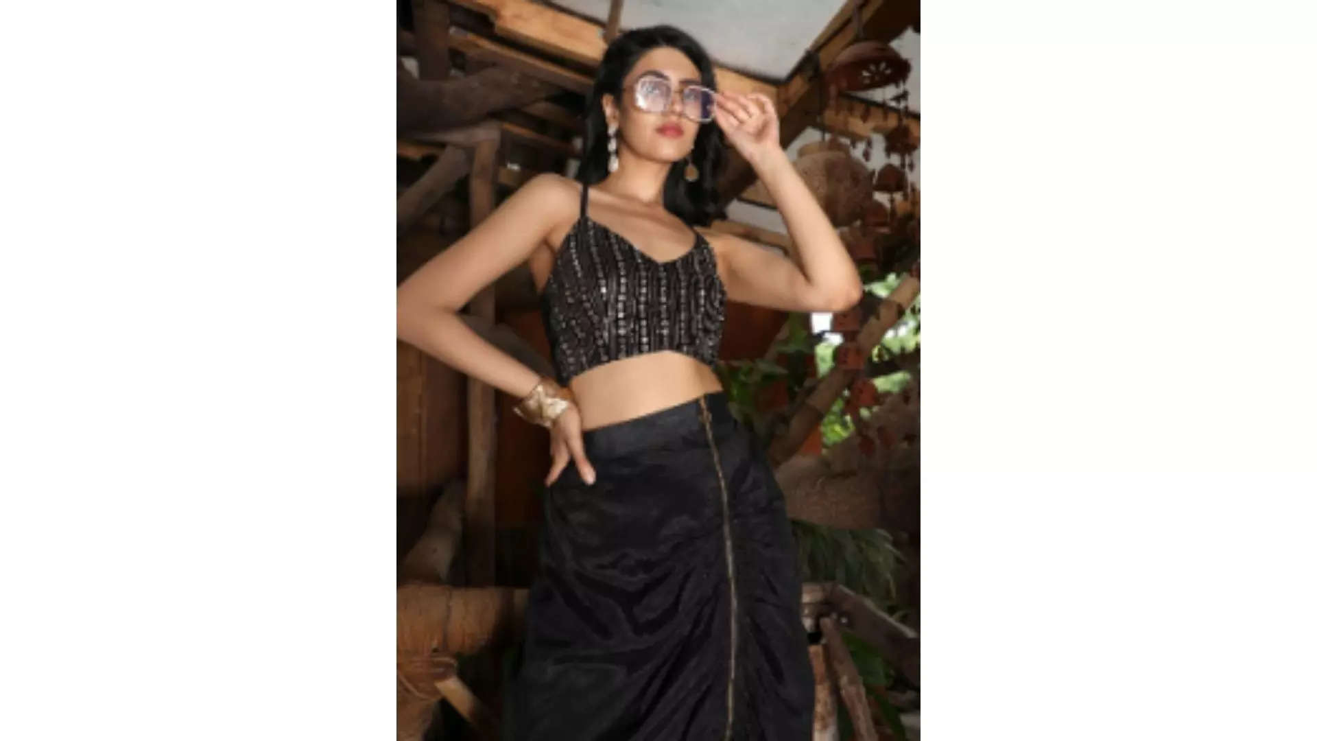 QISSA Embellished V Neck Top  Draped Skirts Co-ord Set Glamour in Black 