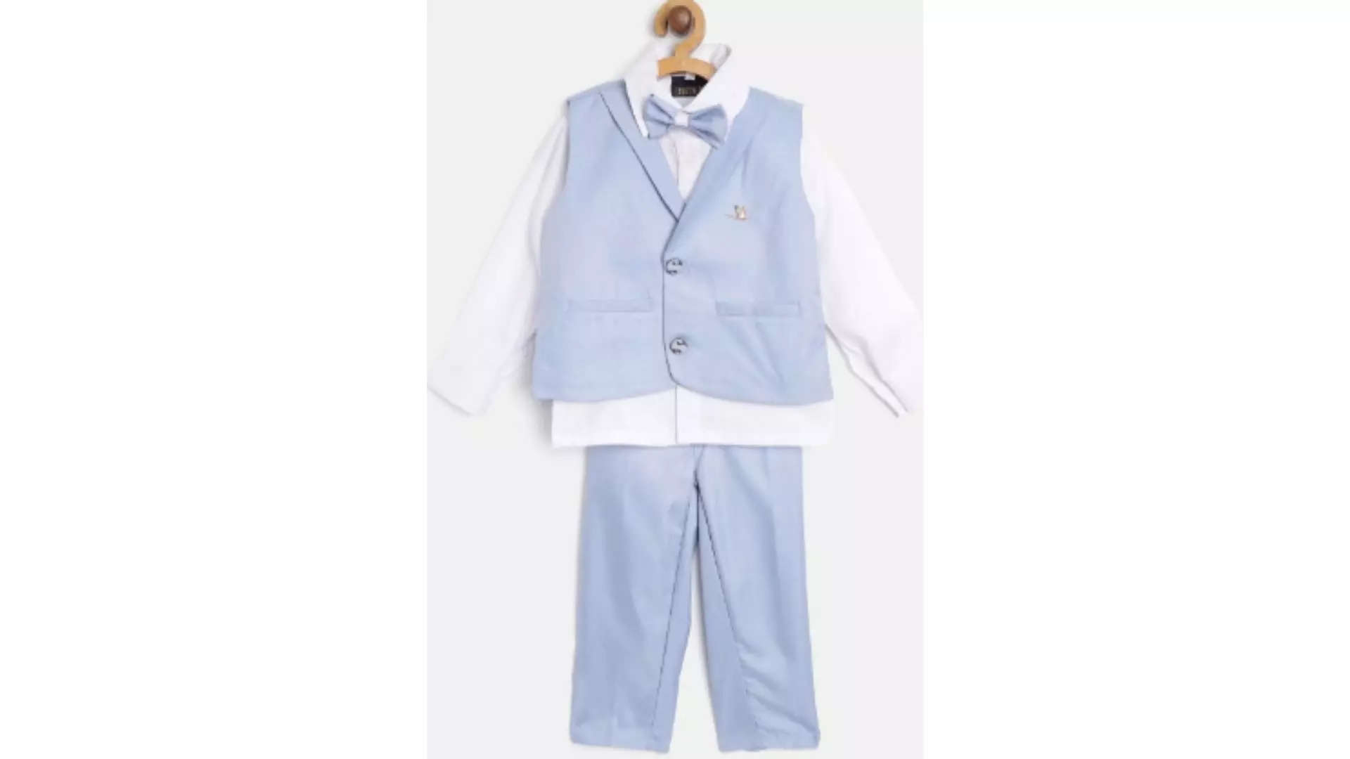 FOURFOLDS Boys White  Blue Solid Clothing Set with Waistcoat  Bow-Tie Wow Thats Cute