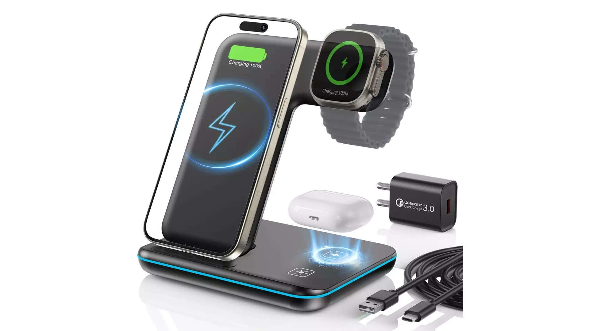 HEYMIX 3 in 1 Wireless Charger 15W Fast Wireless Charging Station 