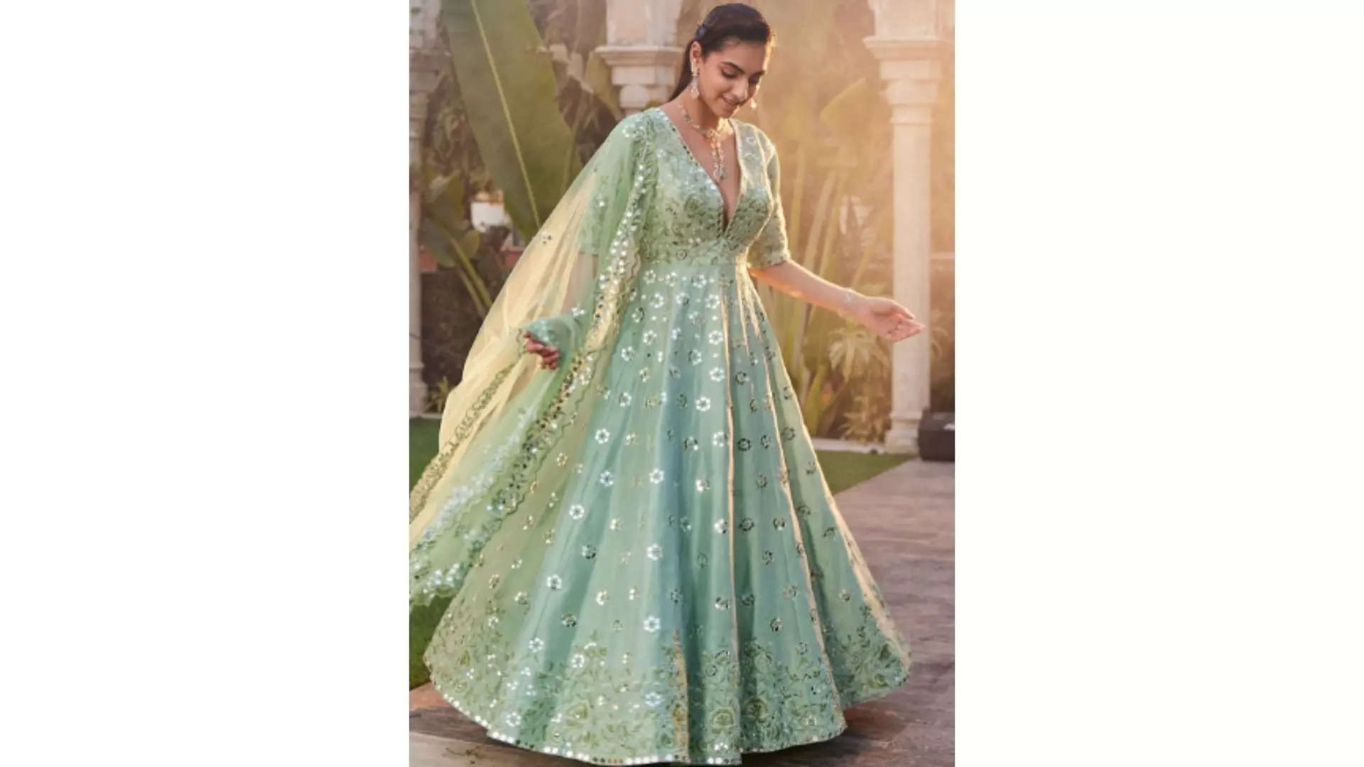 Mehak Murpana Floral Embroidered Empire Mirror Work Anarkali Kurta With Sharara  Dupatta 