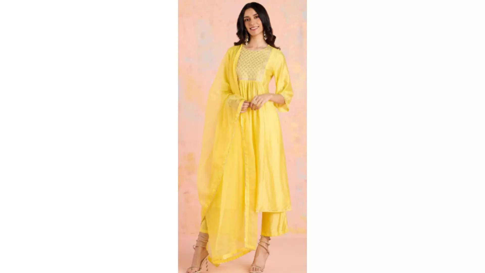 Likha Floral Yoke Design A-Line Pleated Sequinned Kurta with Pyjamas  Dupatta 