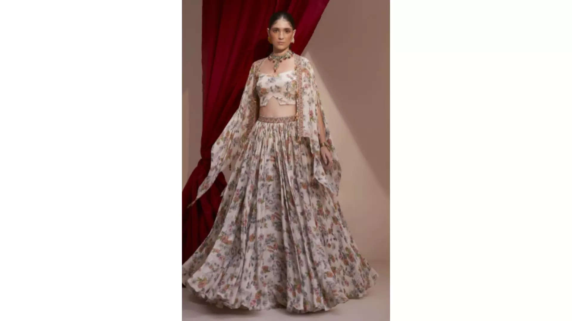 NEHHA NHATA Floral Printed Thread Work Made to Measure Lehenga  Blouse With Cape 