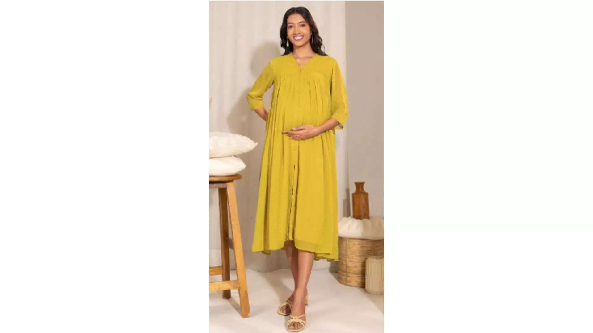 Janasya Dobby Georgette Self Design Frontslit Maternity Dress Brighten Your Maternity Wardrobe with Effortless Elegance