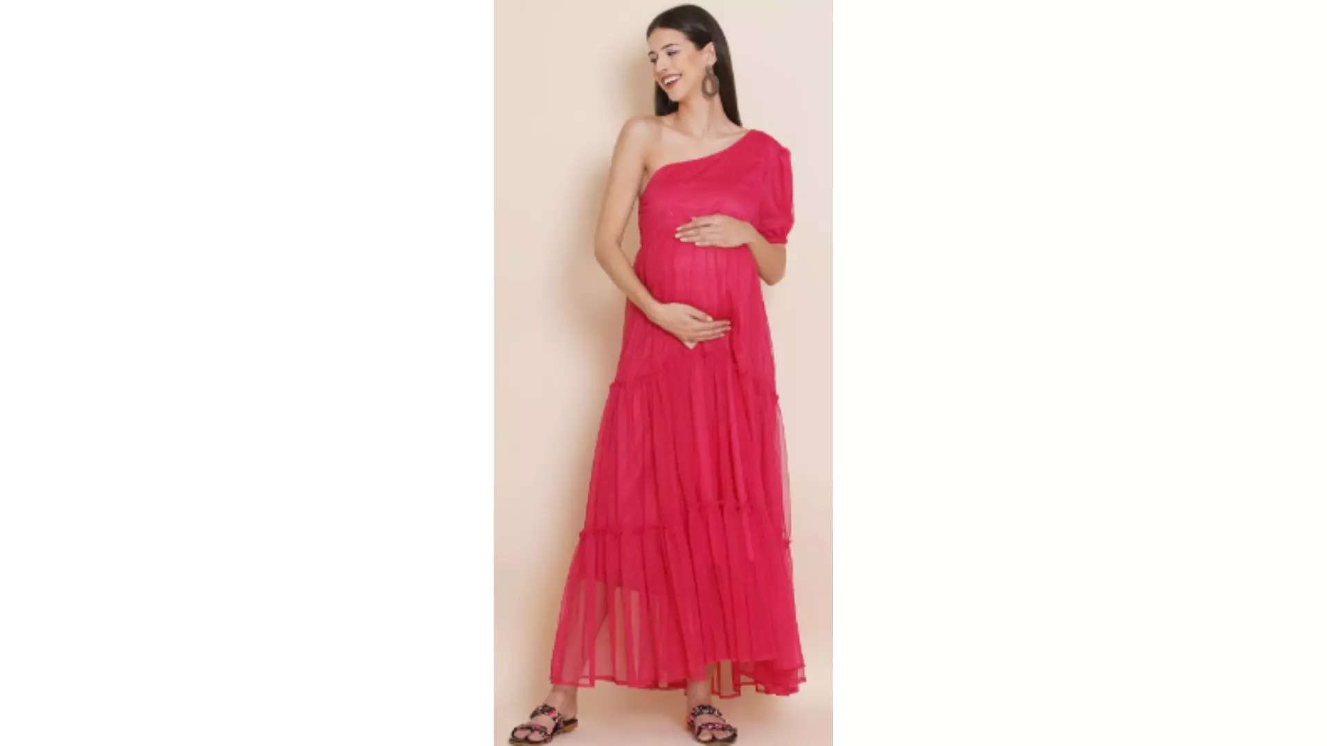 Mine4Nine Pink One-Shoulder Net Maternity Maxi Dress Effortlessly Elegant for Every Mom-to-Be