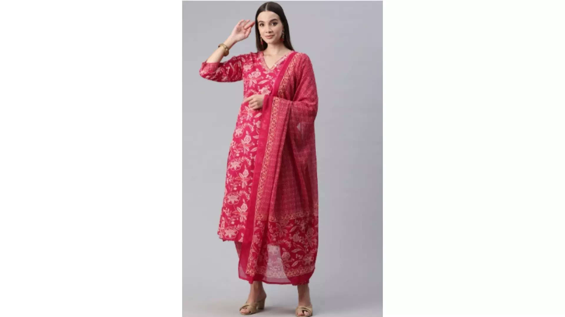 Readiprint Fashions Floral Printed Thread Work Pure Cotton Kurta Set Twirl into Diwali Elegance 