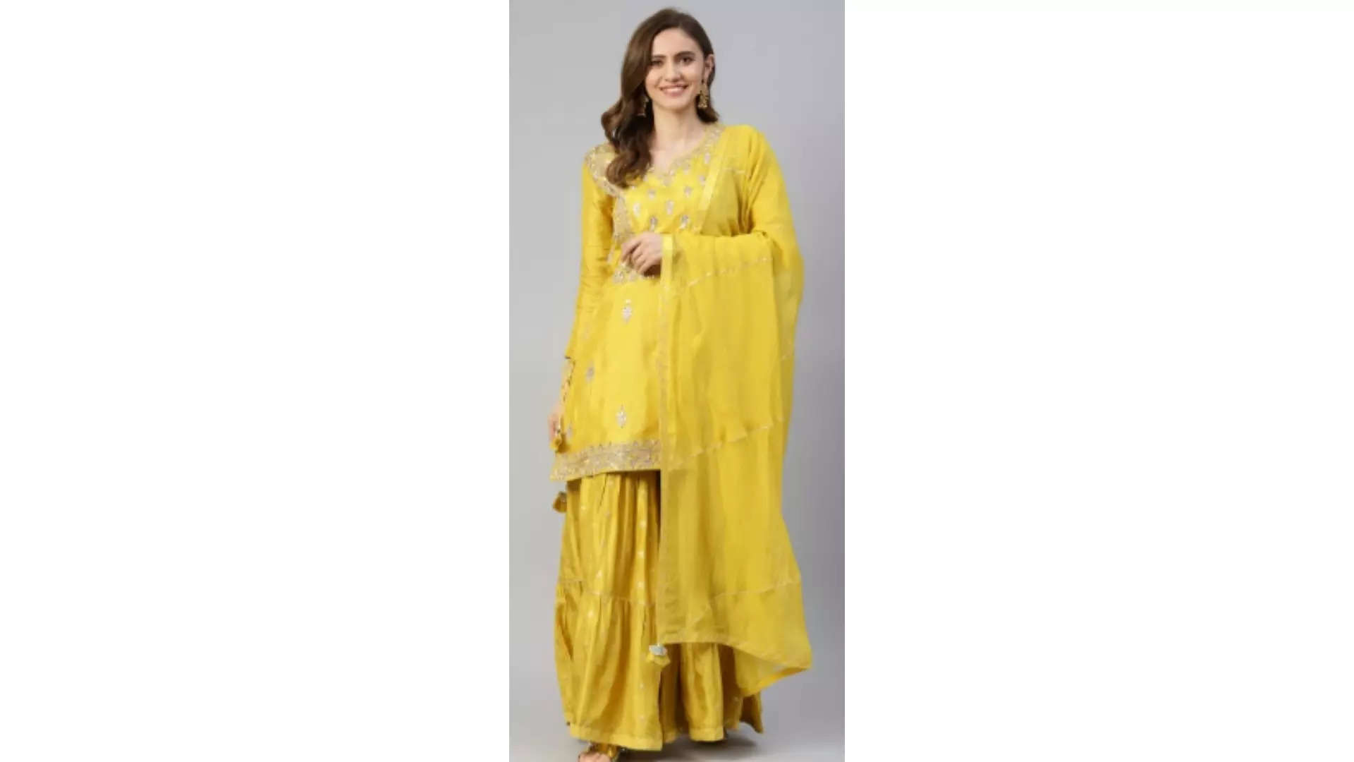 Divena Women Yellow Embroidered Zardozi Chanderi Silk Kurta with Sharara  Dupatta Shine Bright This Diwali 