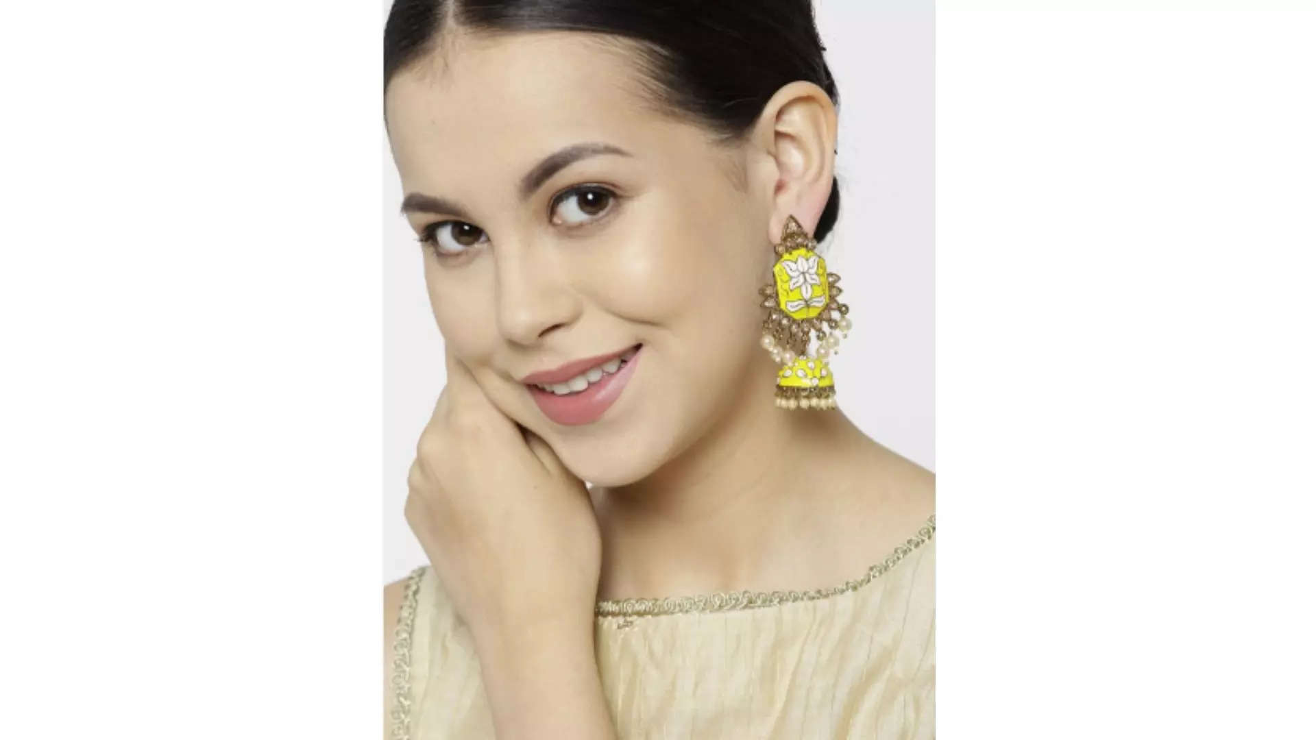 Priyaasi Yellow-Toned  Gold-Plated Meenakari Jhumka Earrings Embrace the Festive Spirit 