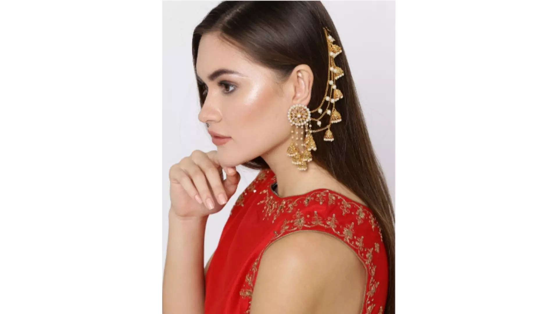 YouBella Off-White Gold-Plated Beaded Jhumkas with Ear Chains Shine Bright This Diwali 