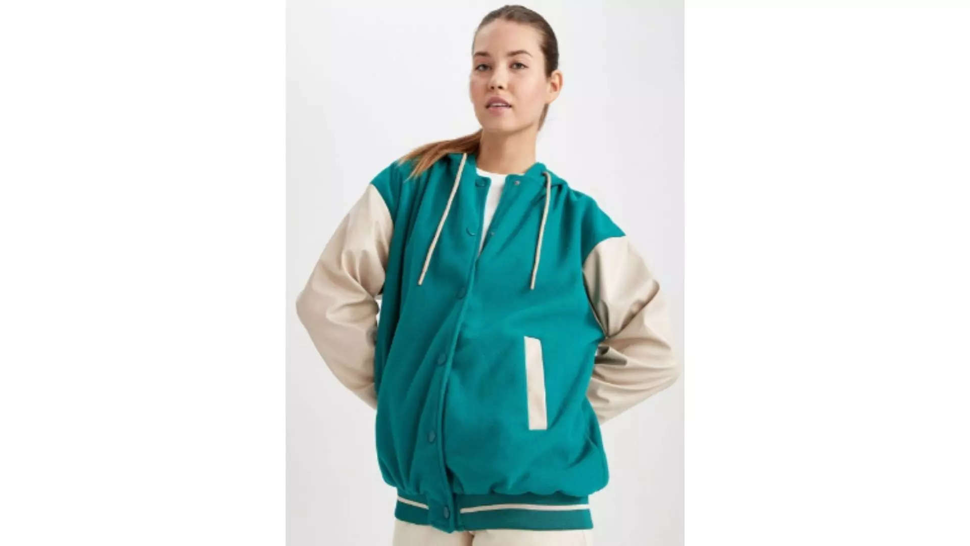 DeFacto Women Green  White Colourblocked Varsity Jacket