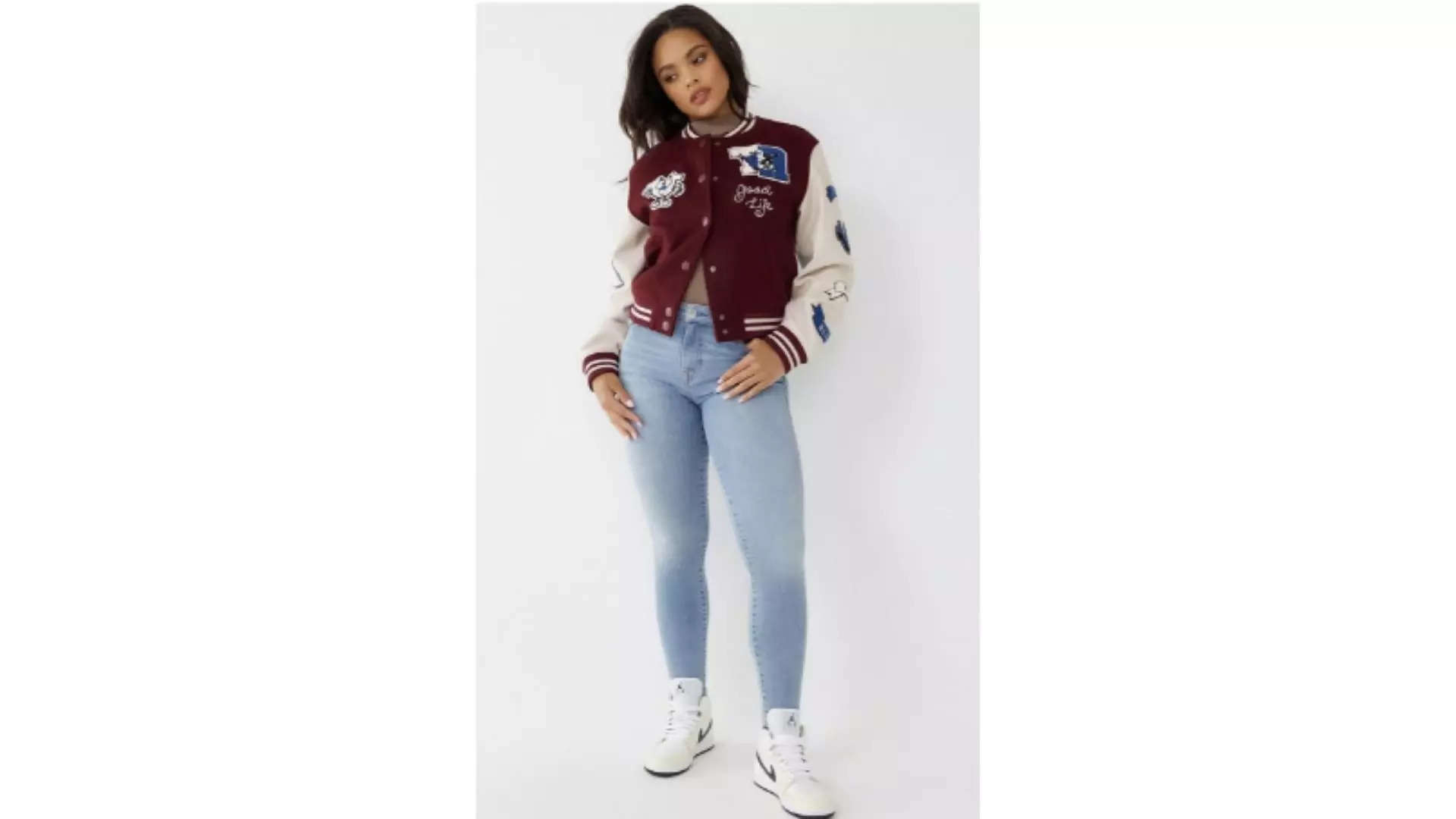 True Religion Women Maroon Lightweight Crop Varsity Jacket