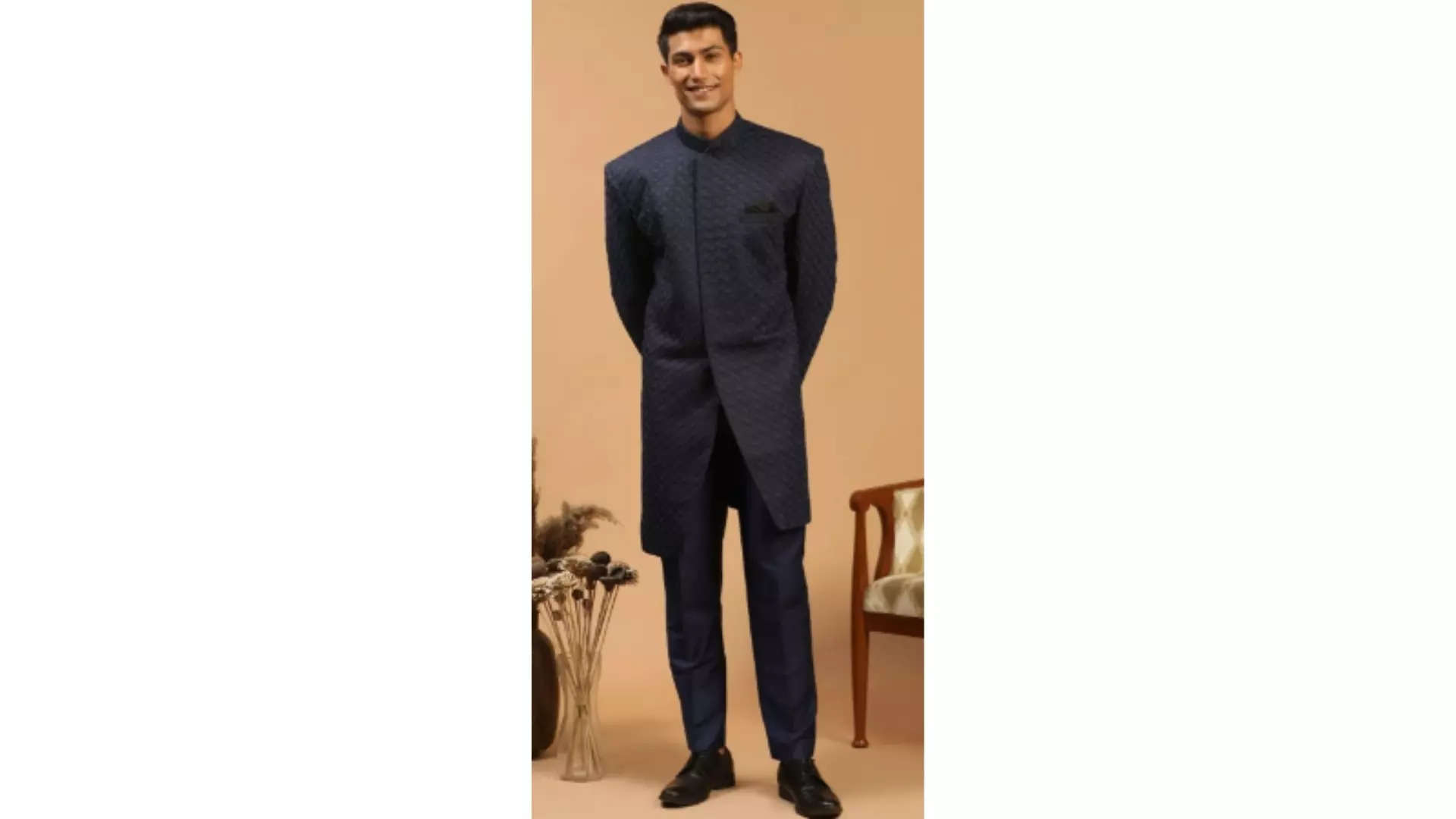 VASTRAMAY Men Navy Blue Self-Design Silk Blend Sherwani Set