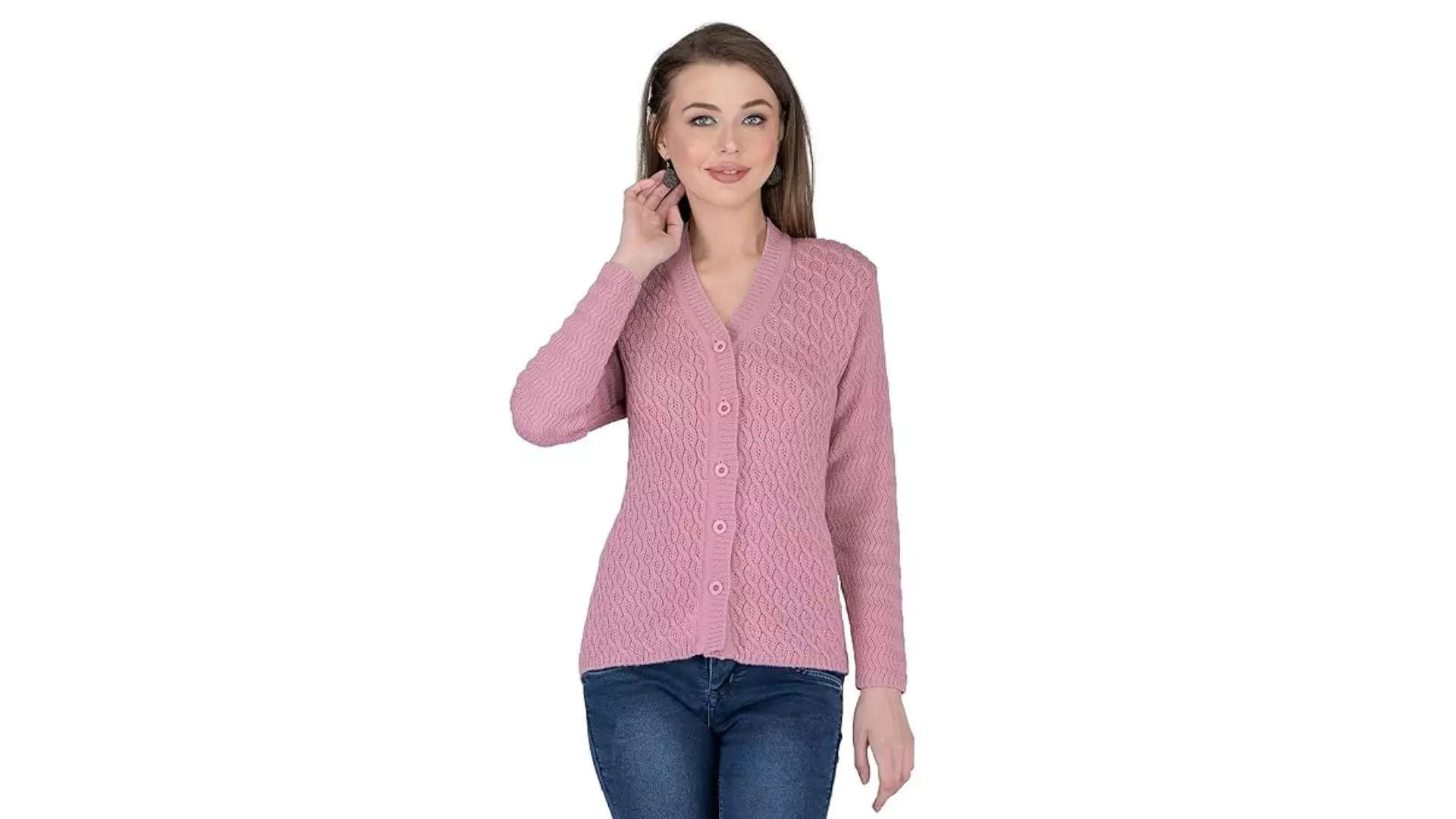 LADY WILLINGTON Women Woolen V-Neck Self Design Cardigan 