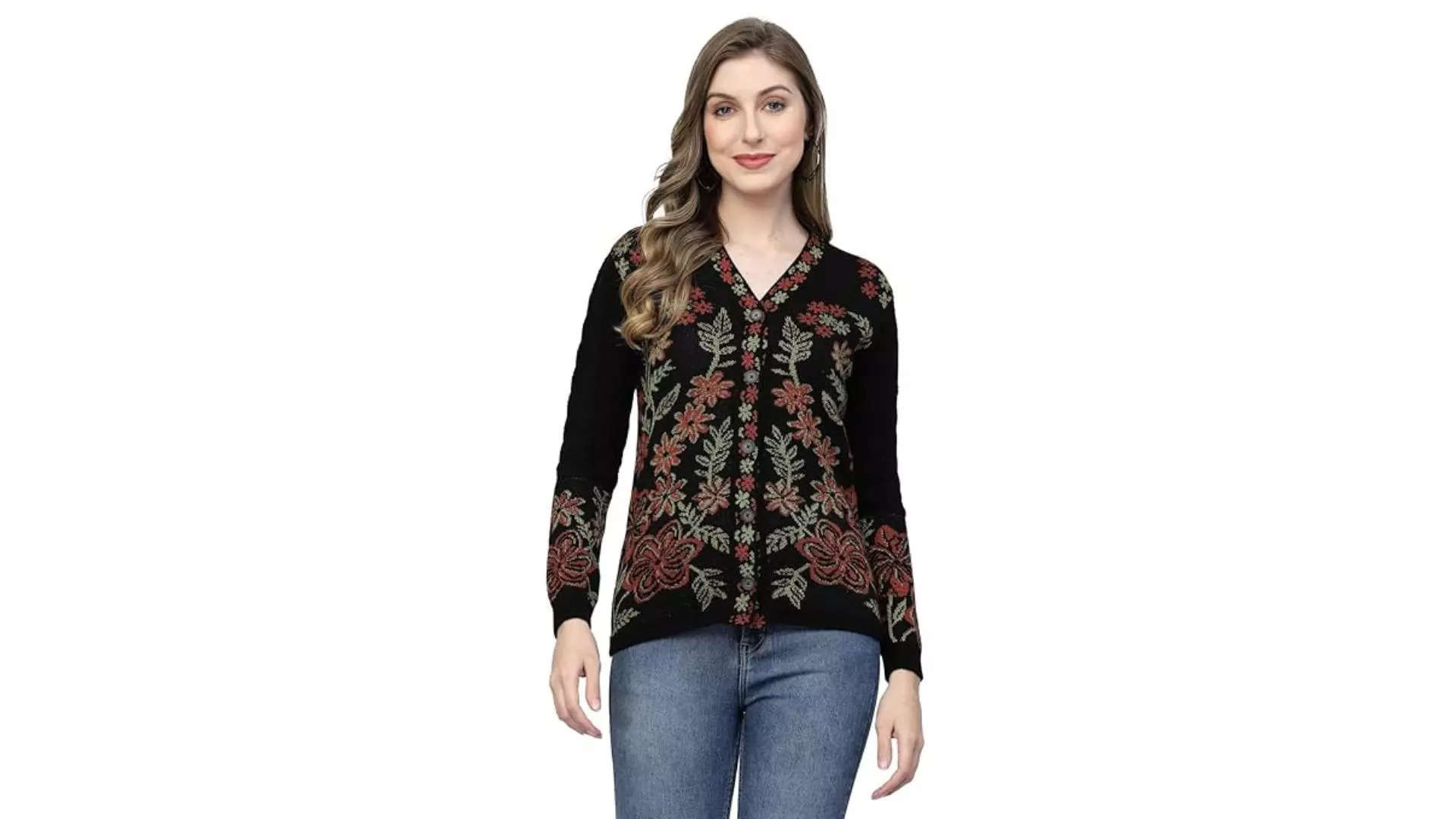 Kalt Women Sweater for Winter Woolen Acrylic Full Sleeves V-Neck Floral Design Cardigan 