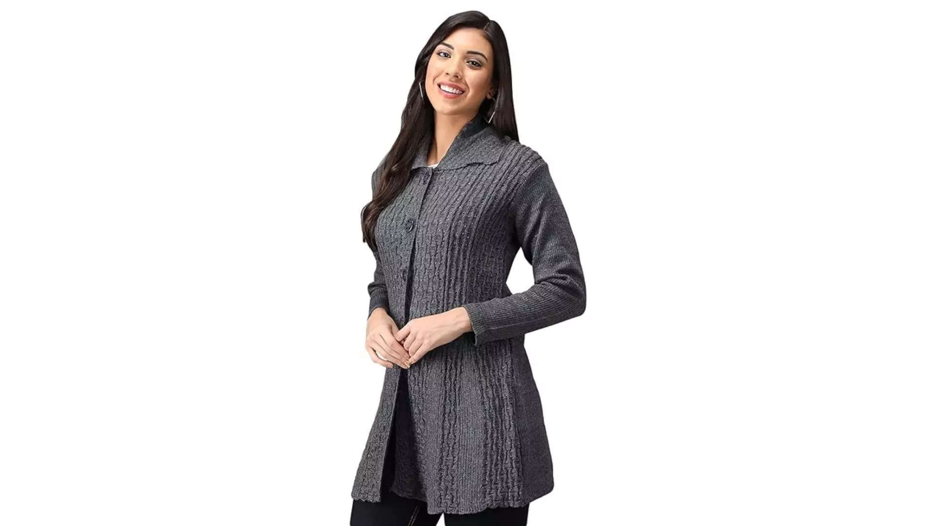 eKools Women Wool Blend Banded Collar Cardigan 