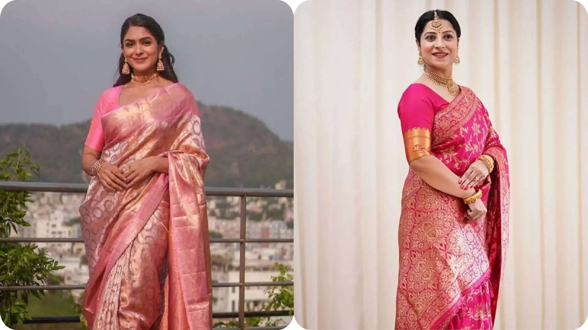 Recreate Mrunal Thakurs Pink Blossom Look Kanjivaram Soft Silk Saree