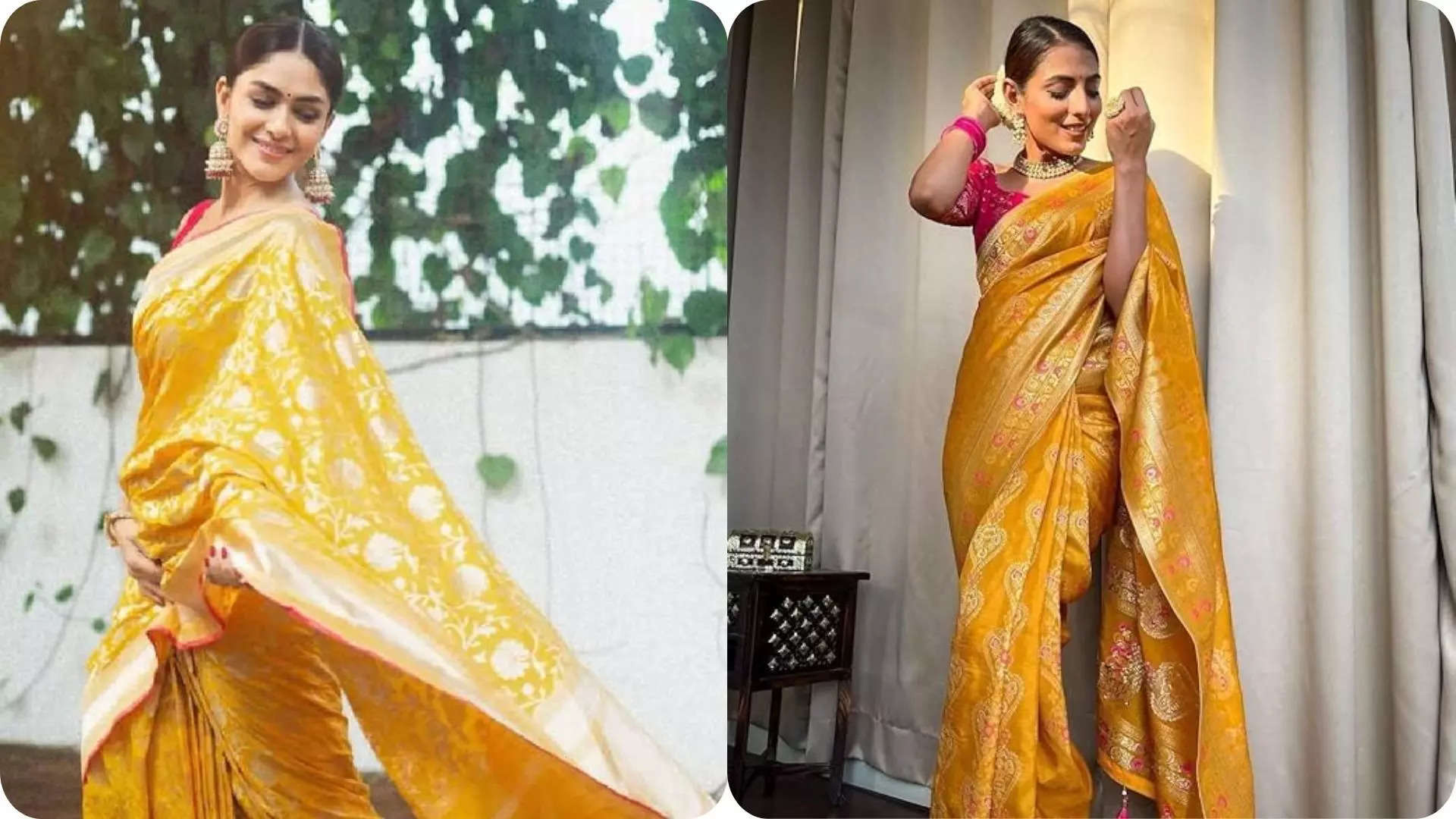 Recreate Mrunal Thakurs Radiant Yellow Kanjivaram Saree Look with Womens Kanjivaram Soft Lichi Silk Saree 