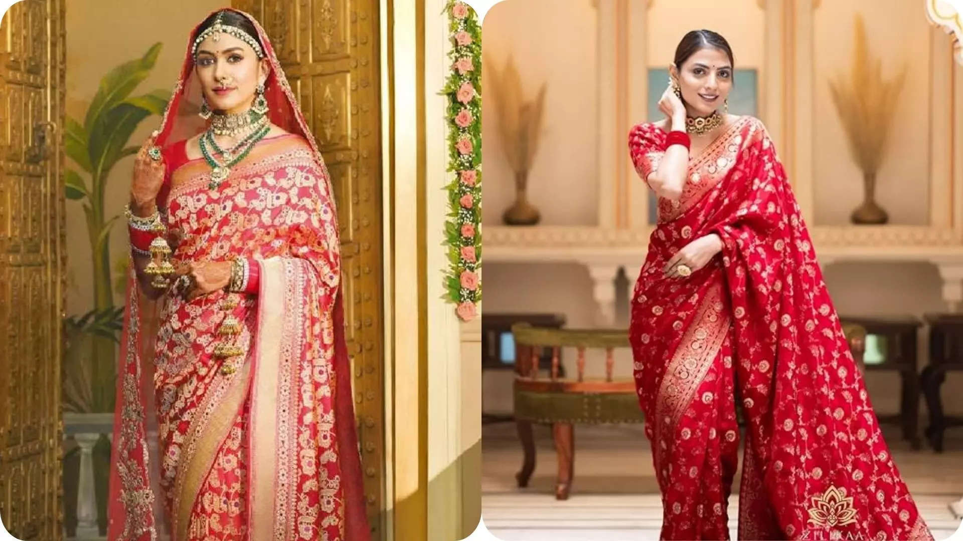 Recreate Mrunal Thakurs Red Regal Look with MAKEBOOL Womens Heavy Banarasi Silk Woven Saree