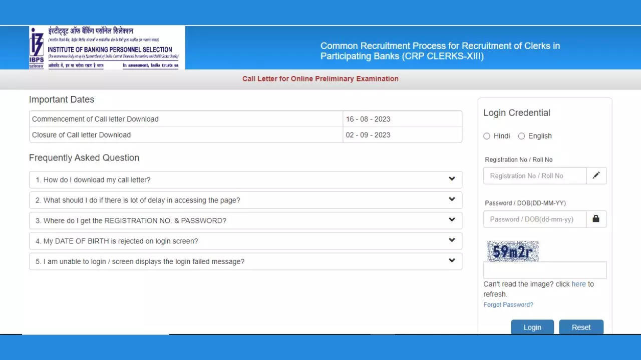 IBPS Clerk Prelims Admit Card 2023