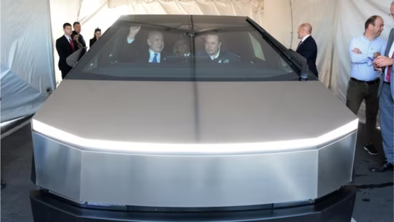 ​elon musk, elon musk and benjamin netanyahu, tesla cybertruck photos viral, elon musk with netanyahu, tesla upcoming cybertruck