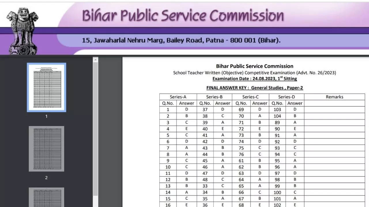 Bihar TRE 2023 Final Asnwer Key