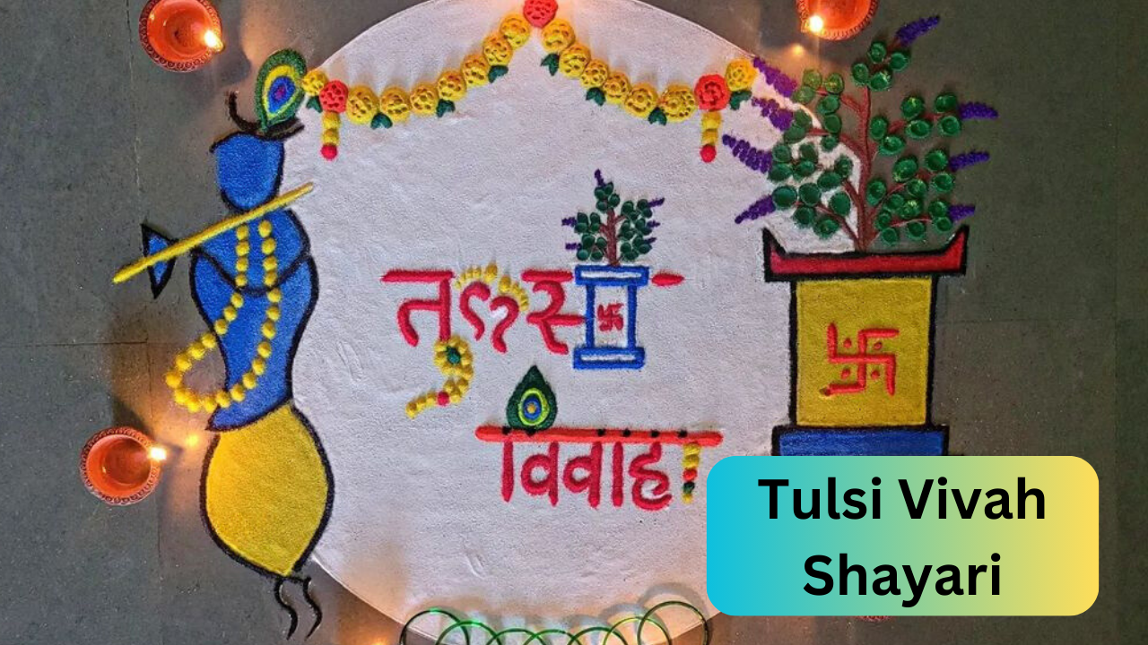 Tulsi vivah vidhi at home, small rangoli in front of tulsi, tulsi vivah shayari