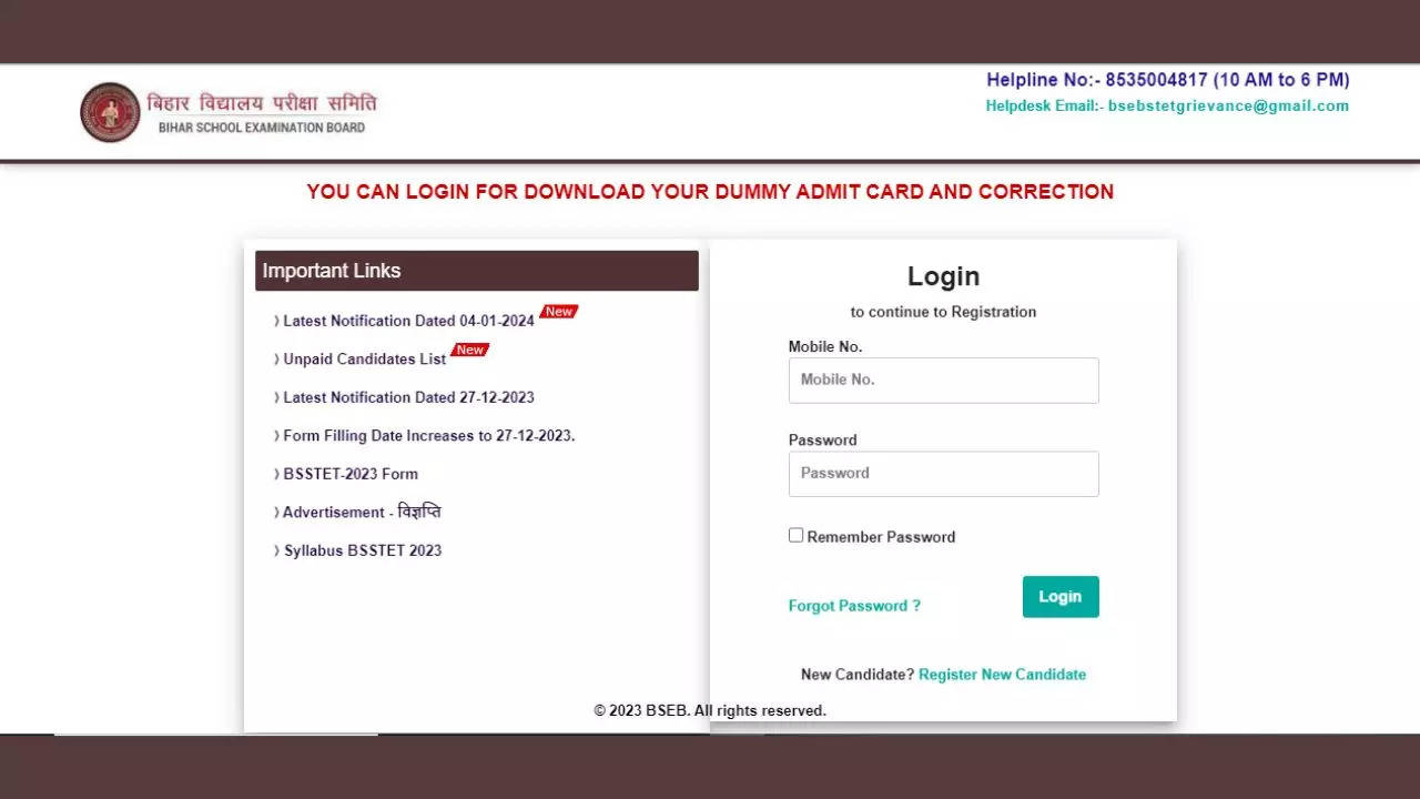 BSSTET Dummy Admit Card 2024