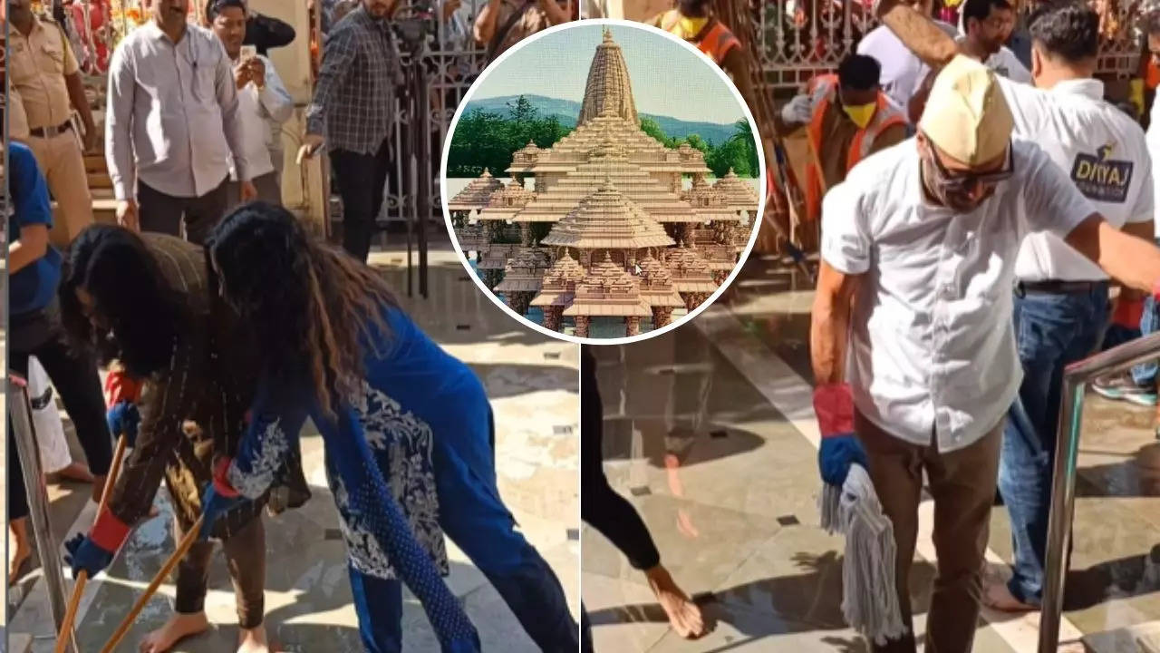 राम मंदिर की सीढ़ियों पर पोछा लगाते दिखे सितारे