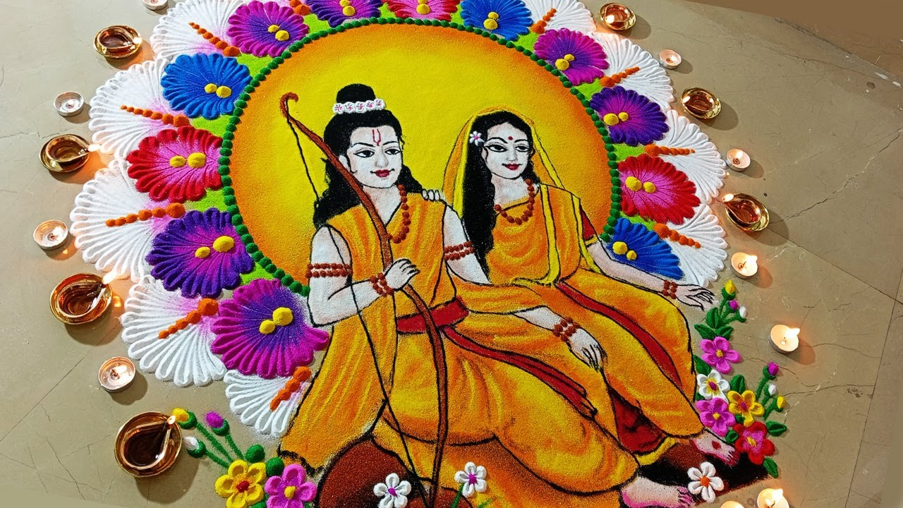 Ram Mandir Ayodhya, Ramayan rangoli, ram mandir murti rangoli