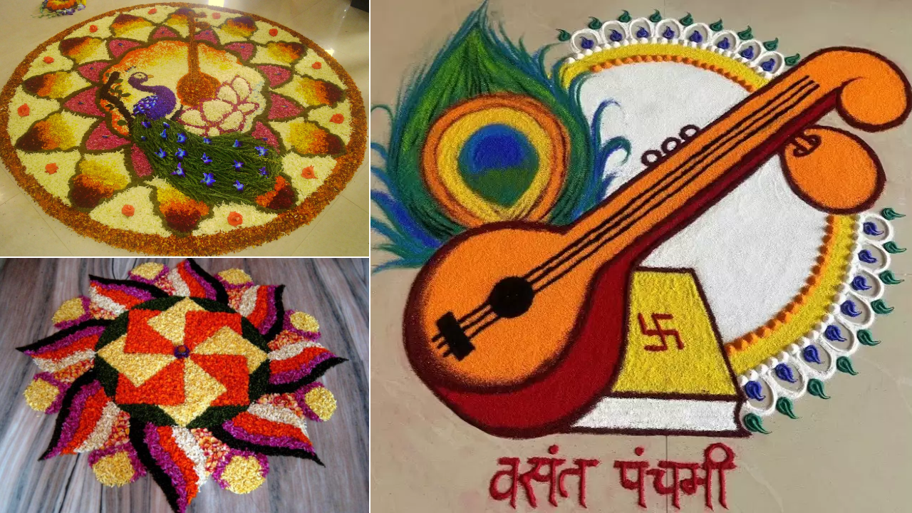 Rangoli designs for basant panchami, saraswati puja rangoli, rangoli images