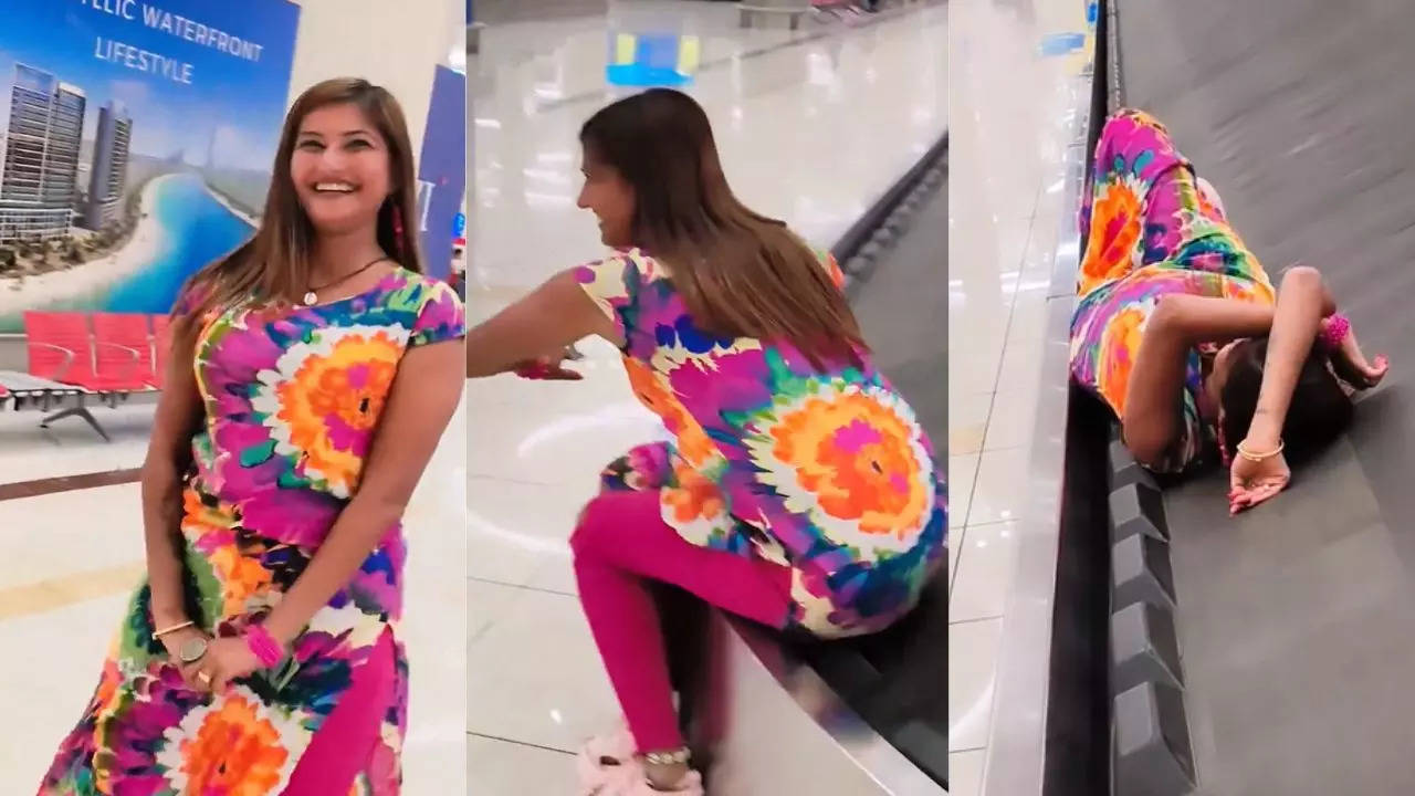 Woman Lying On Airport Conveyor Belt