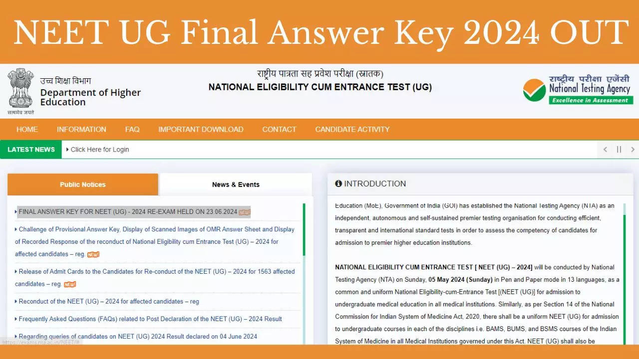 NEET UG Final Answer Key 2024 OUT