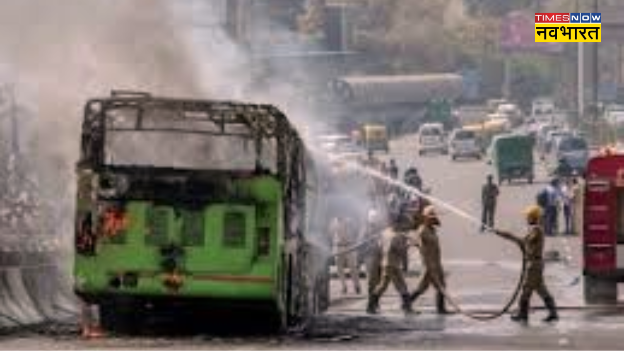 DTC bus catches fire in Jagatpuri