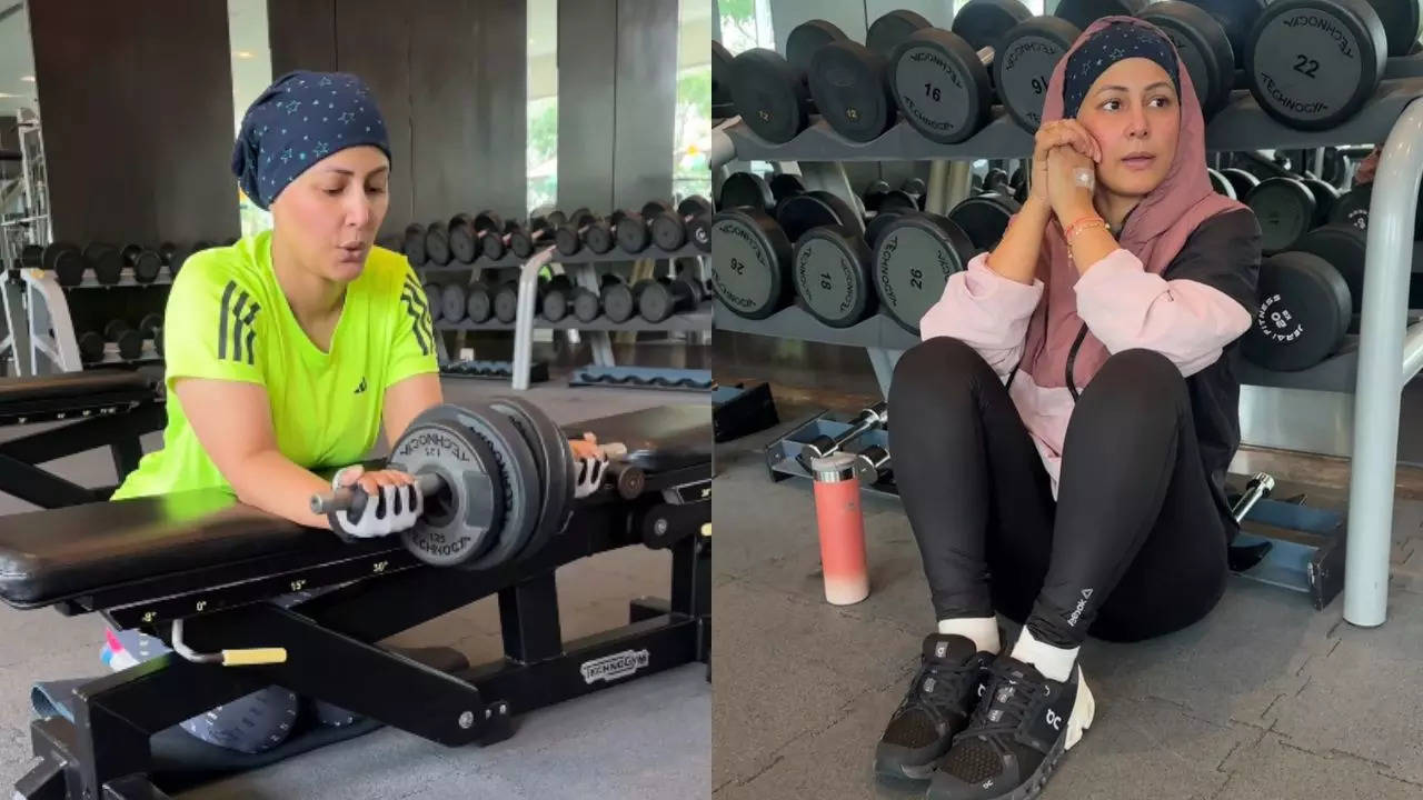 hina khan doing heavy work out in gym amid breast cancer netizen praising actress for courage