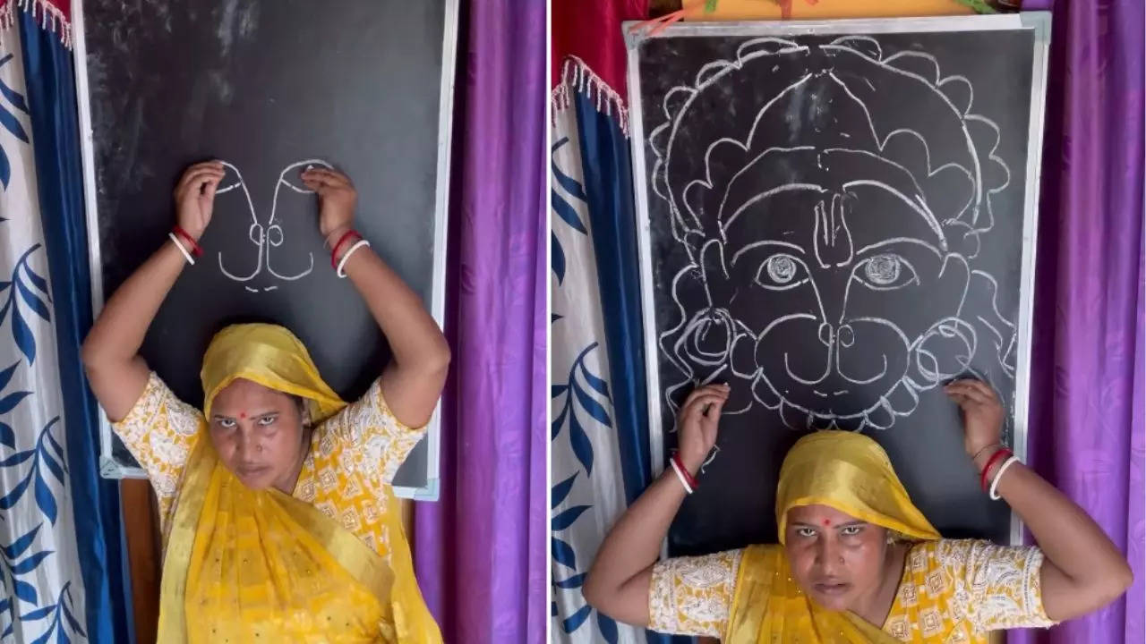 today trending video this woman has amazing talent made a picture of hanuman ji with both hands without seeing