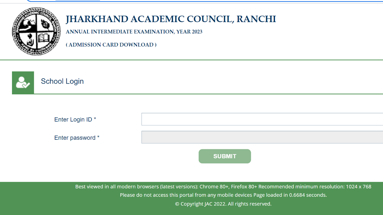 jharkhand board class 12th admit card